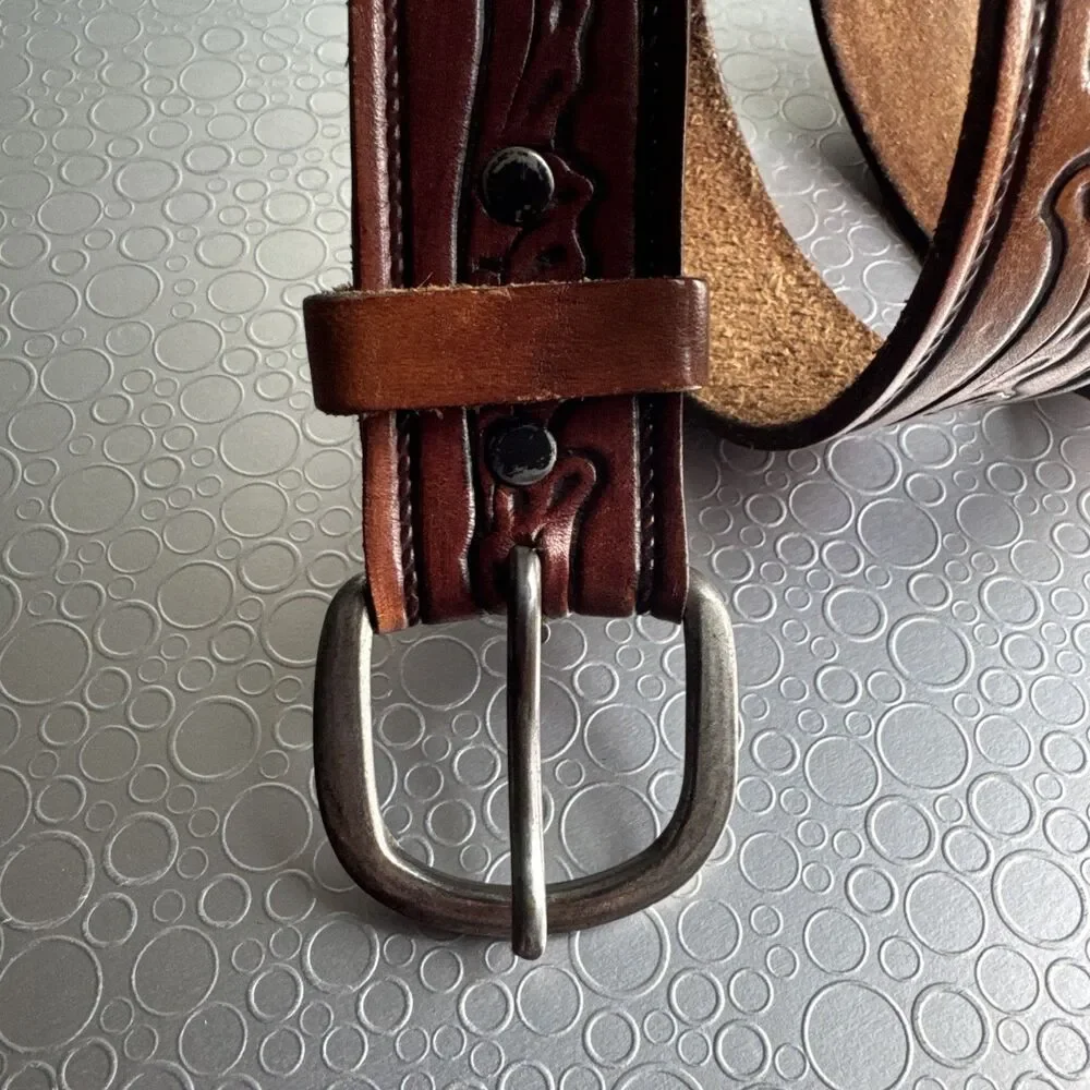 Vtg Leather Western Belt Mens 40 Full Grain Steerhide USA Brown Debossed Unisex